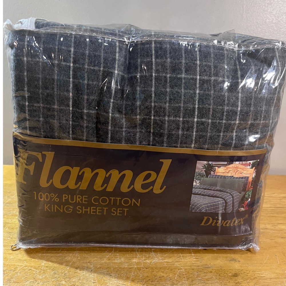 Divatex King Flannel Sheet Set Grey White Plaid 100% Virgin Cotton Vtg Style